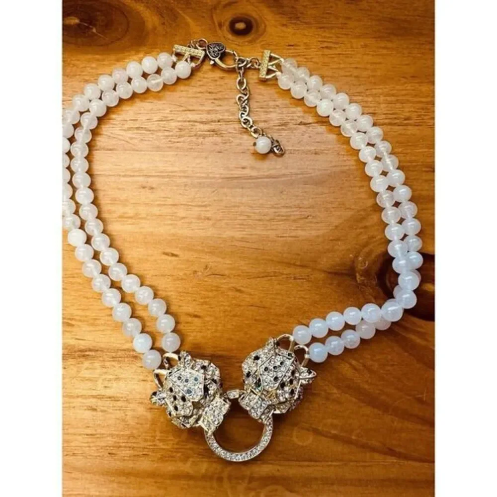 Eye Candy Los‎ Angeles Agate Double Panther Head Crystal Pave Necklace Gold Tone